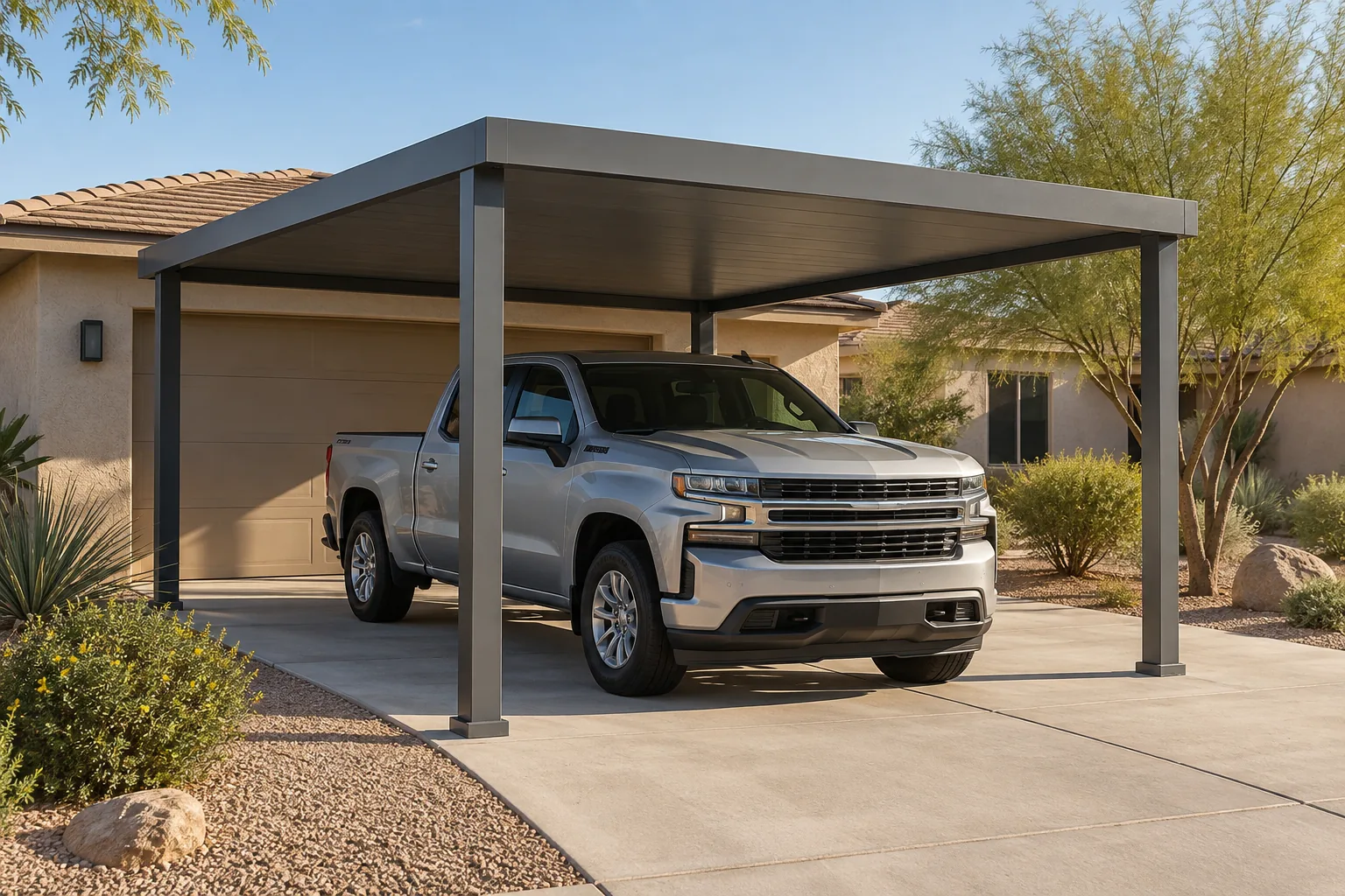 Design visualization of the same driveway with a charcoal aluminum carport sheltering the pickup