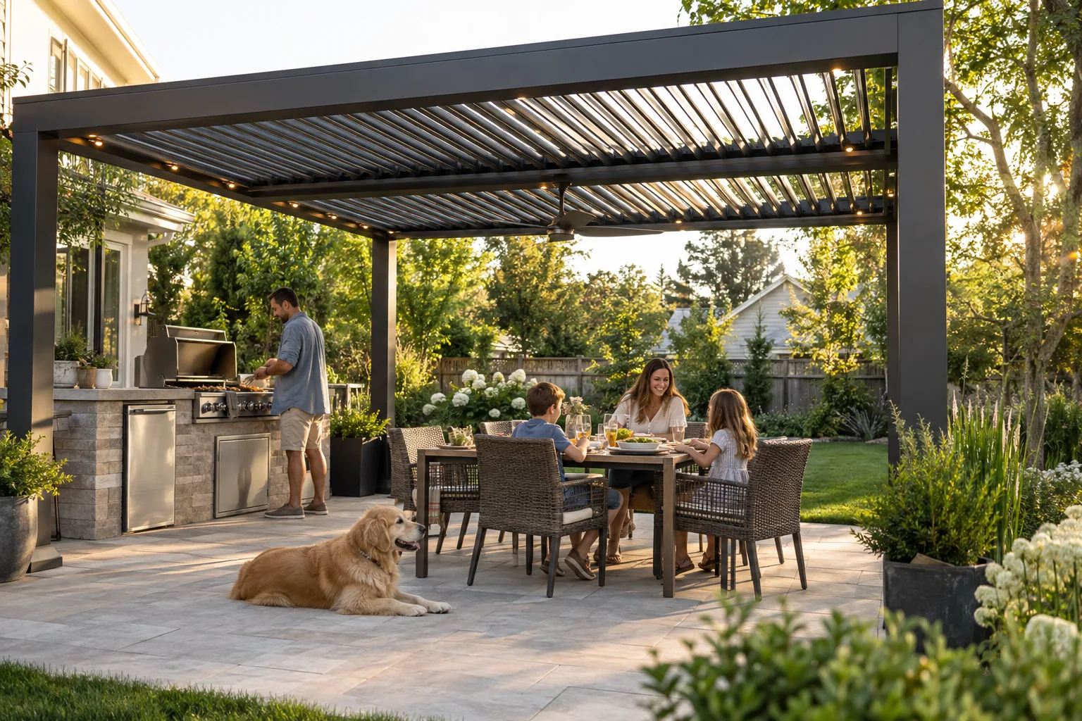 A family enjoying dinner in a garden beneath a charcoal louvered pergola, with their dog nearby
