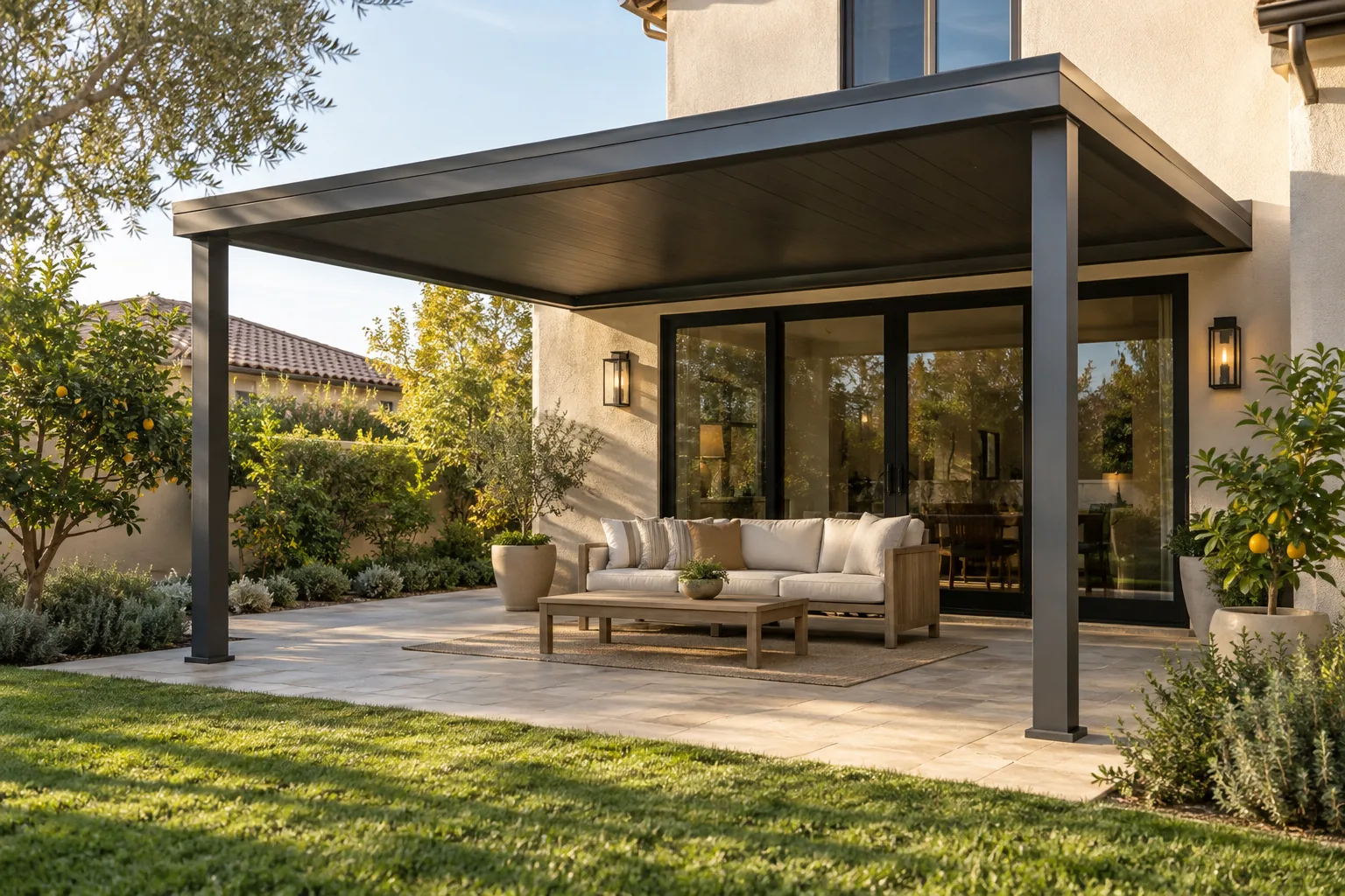 Design visualization of the same patio with an attached solid-roof cover and outdoor seating