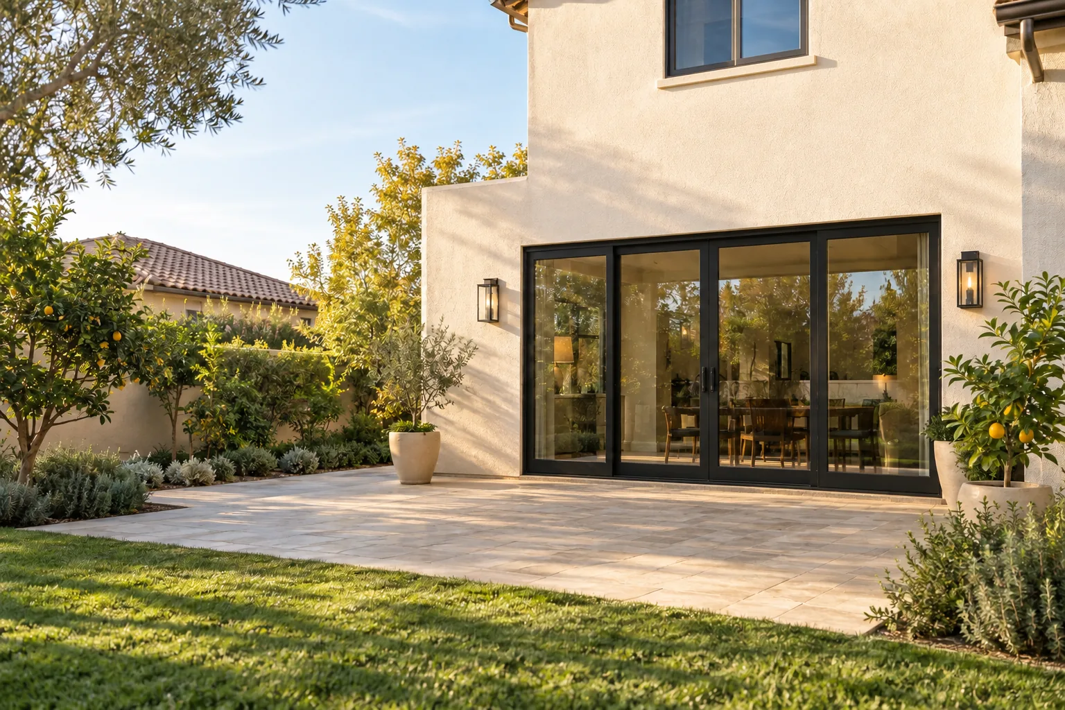 Design visualization of an uncovered patio outside a cream stucco home