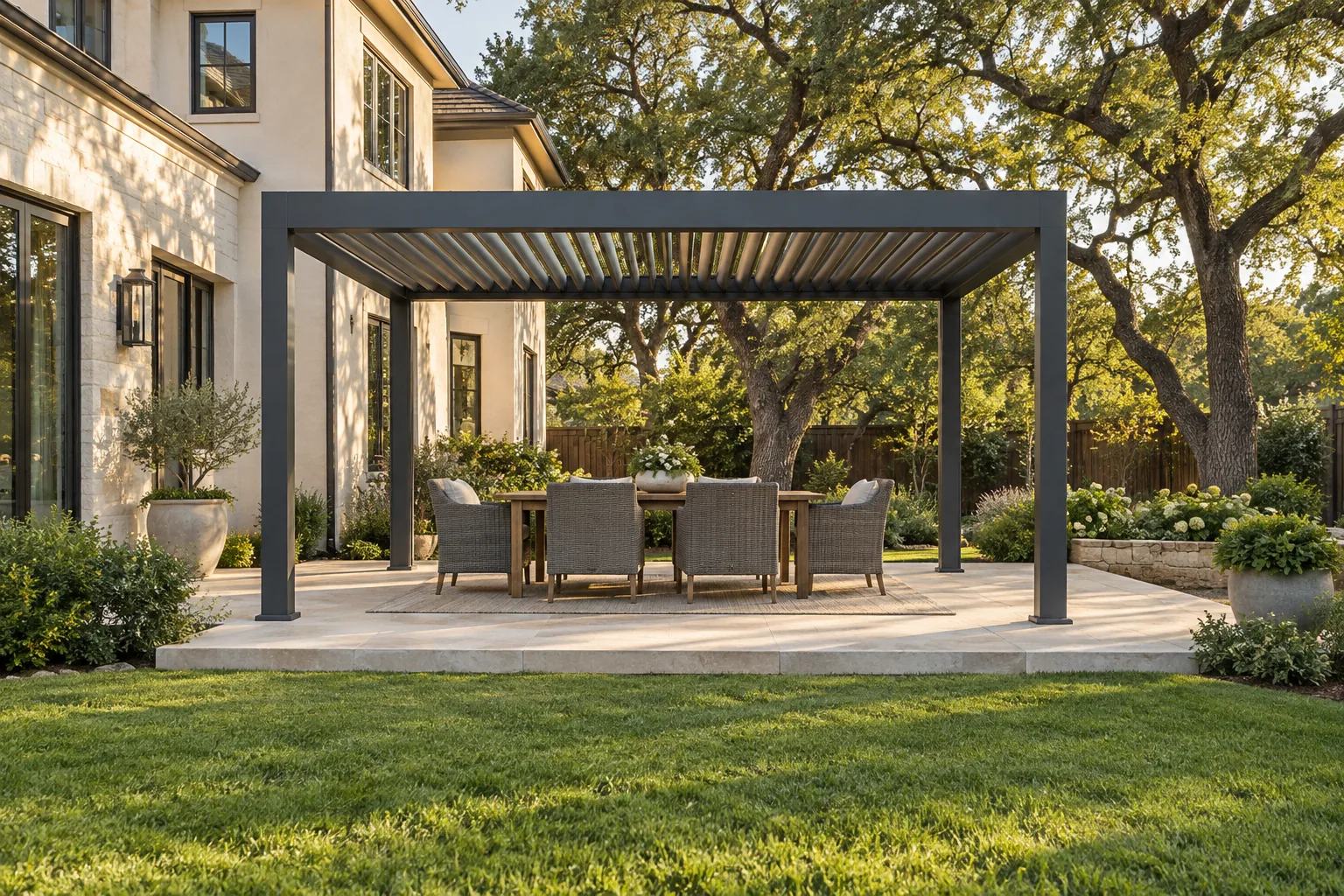 Design visualization of the same patio with a charcoal louvered pergola and outdoor dining area